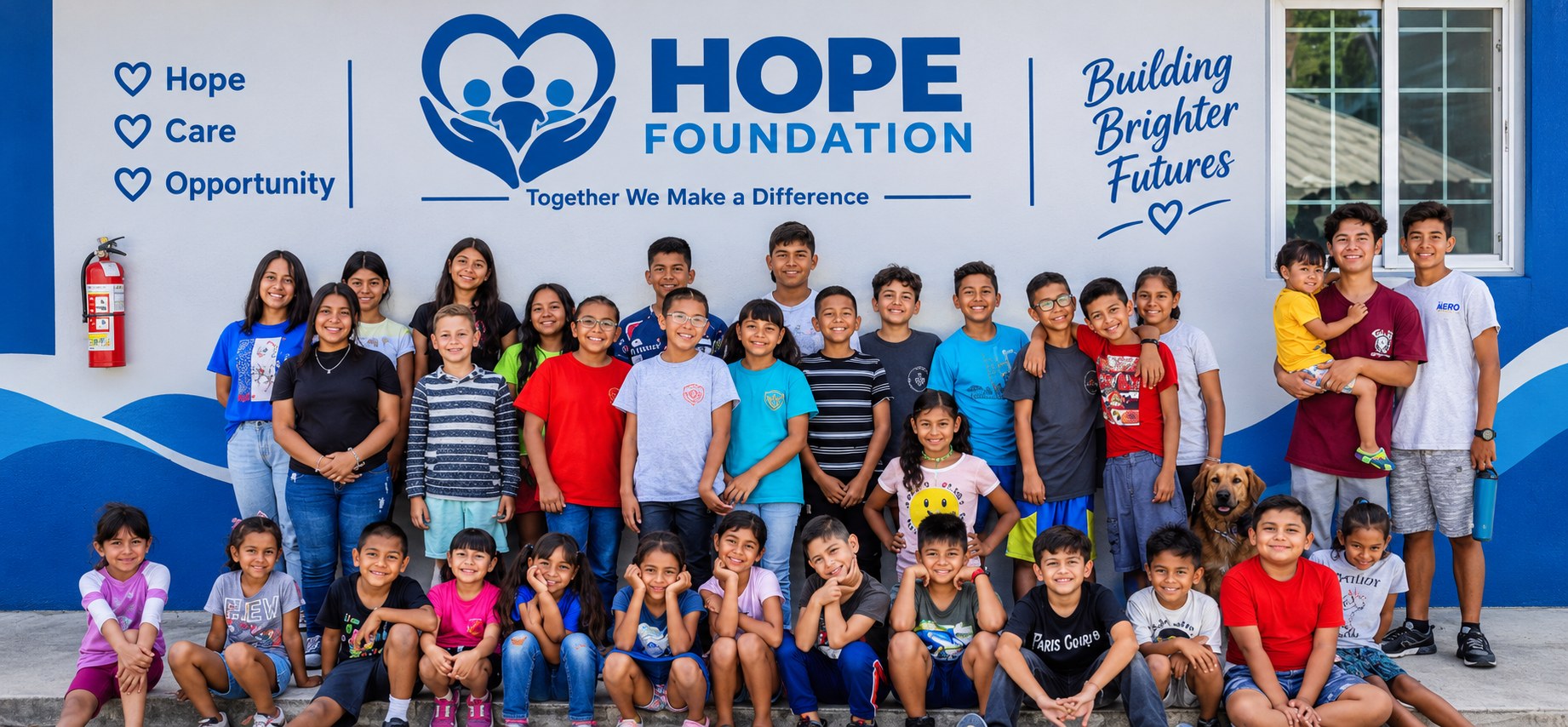 Children and young people of the foundation in front of its branded wall